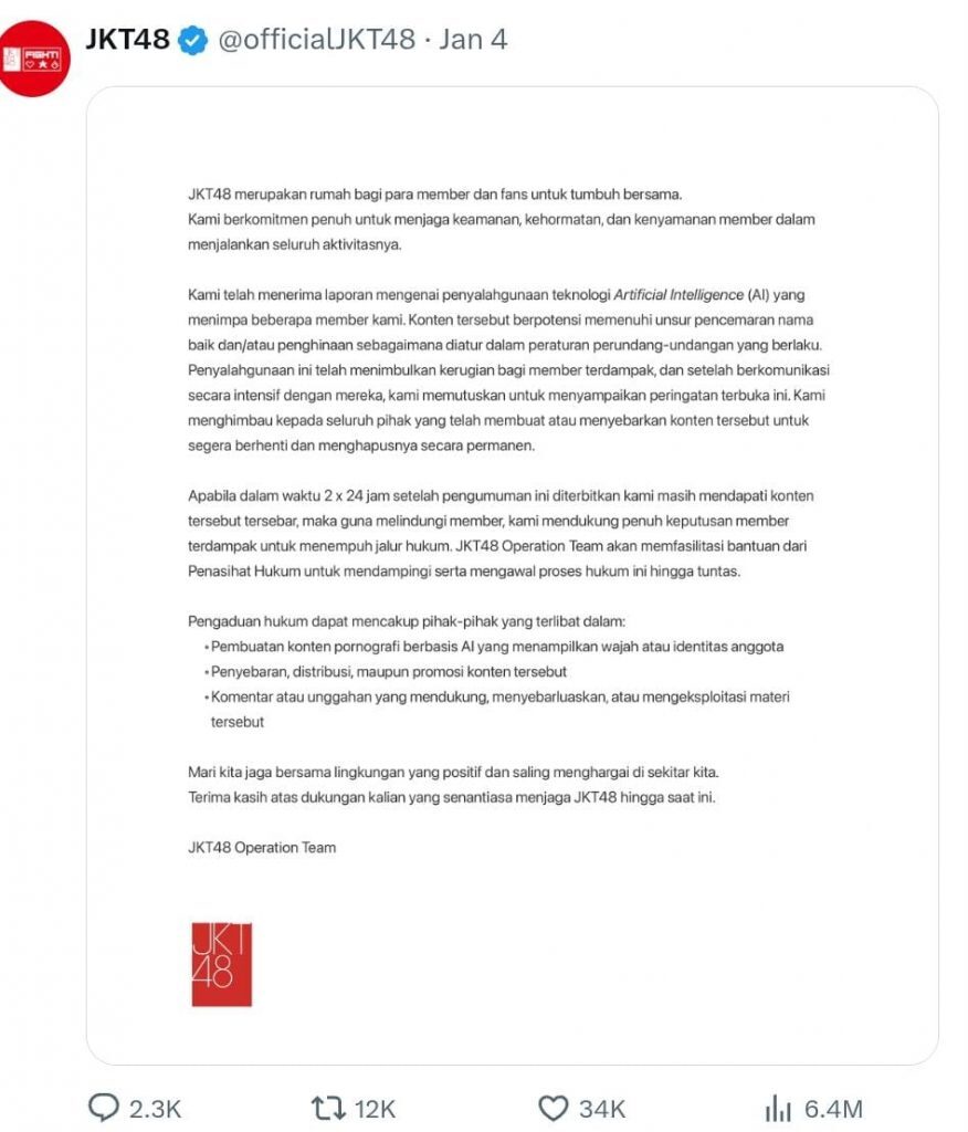 JKT48 Tegas Lawan Penyalahgunaan AI, - sumber foto X JKT48