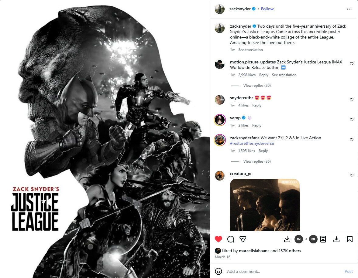 Zack Snyder Rayakan Anniversary Justice League dengan Poster Epik dari Fans