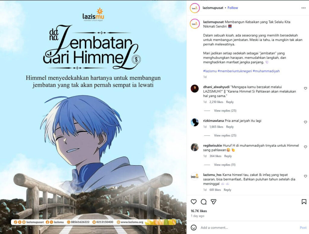 Kisah Himmel di Frieren Diangkat LAZISMU, Tentang Kebaikan yang Bertahan 1000 Tahun - sumber foto Instagram/Lazismu