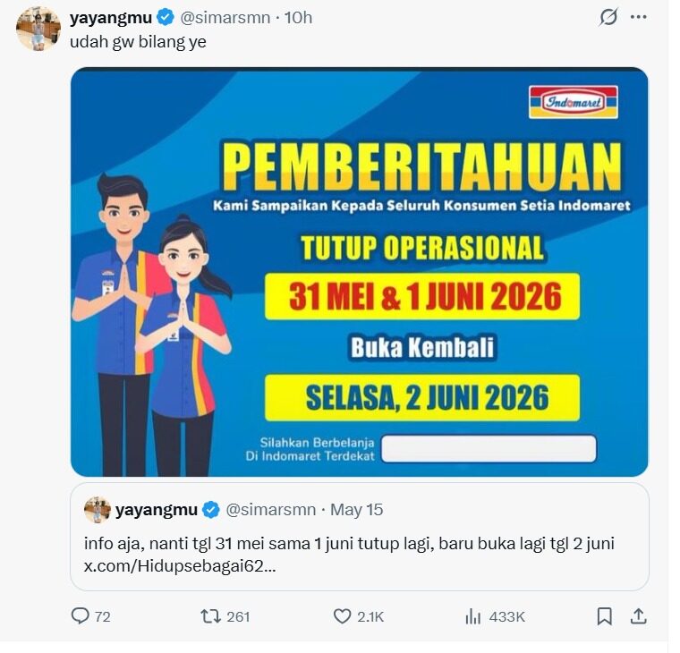 Indomaret Tutup Operasional berita di X - sumber foto X/yayangmu