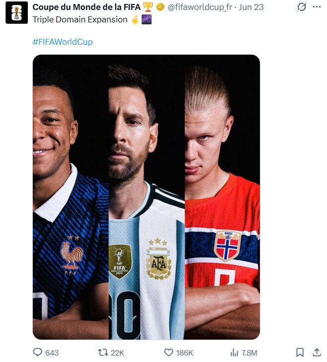 Triple Domain Expansion Lionel Messi, Kylian Mbappé, dan Erling Haaland - sumber foto X/Coupe du Monde de la FIFA