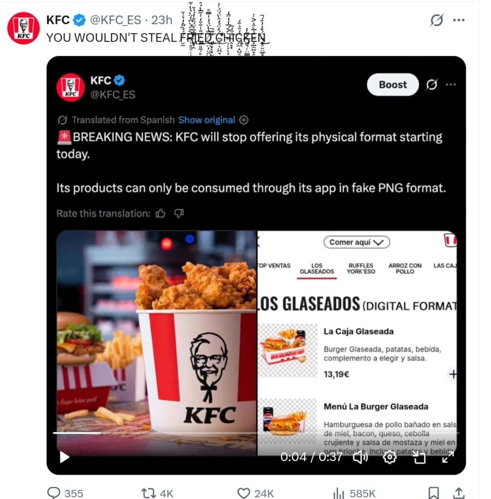 unggahan KFC Spanyol mengenai sindiran ke Sony Playsation - sumber foto X