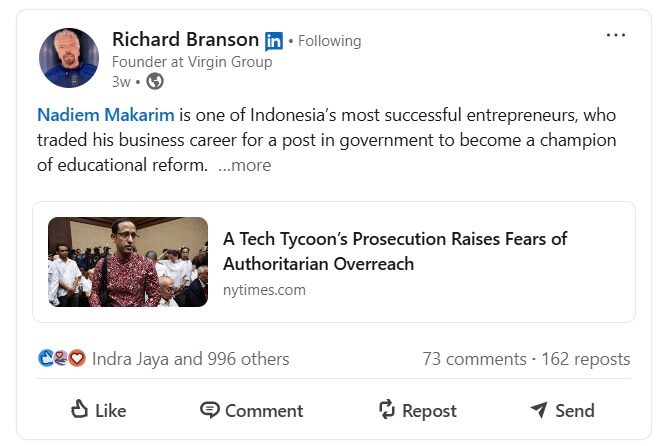 Richard Branson dukung Nadiem Makarim - sumber foto Linkedin/richardbranson