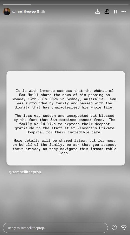 Sam Neill meninggal dunia - sumber foto instagram/samneilltheprop