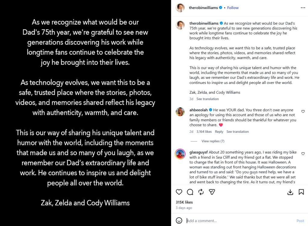 unggahan kelurga di instagram Robbin Williams