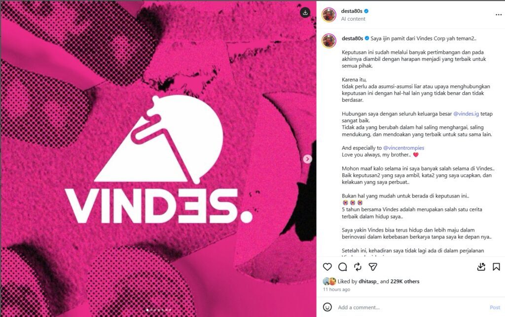 unggahan Desta di Instagram