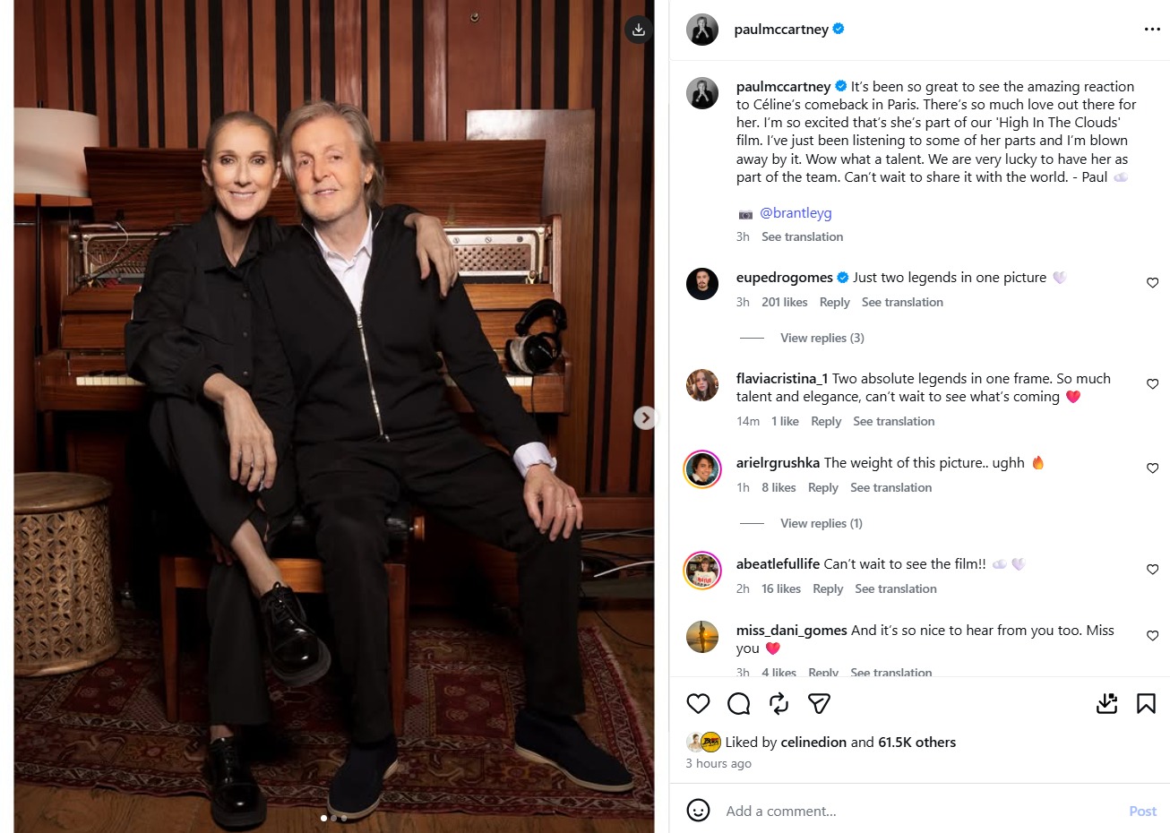 Paul McCartney membagikan foto bersama Céline Dion dan memuji penampilannya dalam film animasi High in the Clouds sumber foto instagram/Paul McCartney