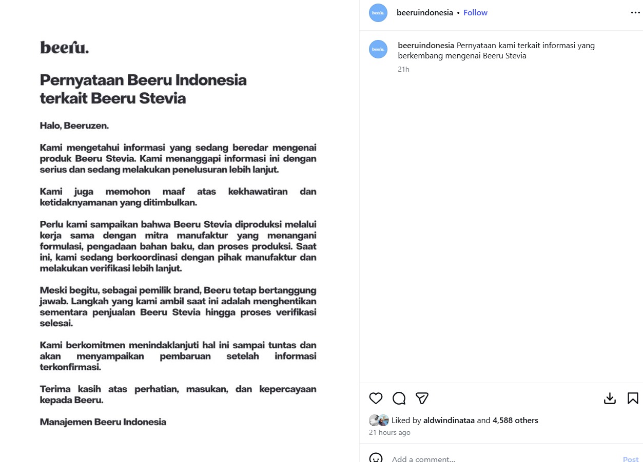 unggahan beeru di media social - sumber foto instagram/beeruindonesia