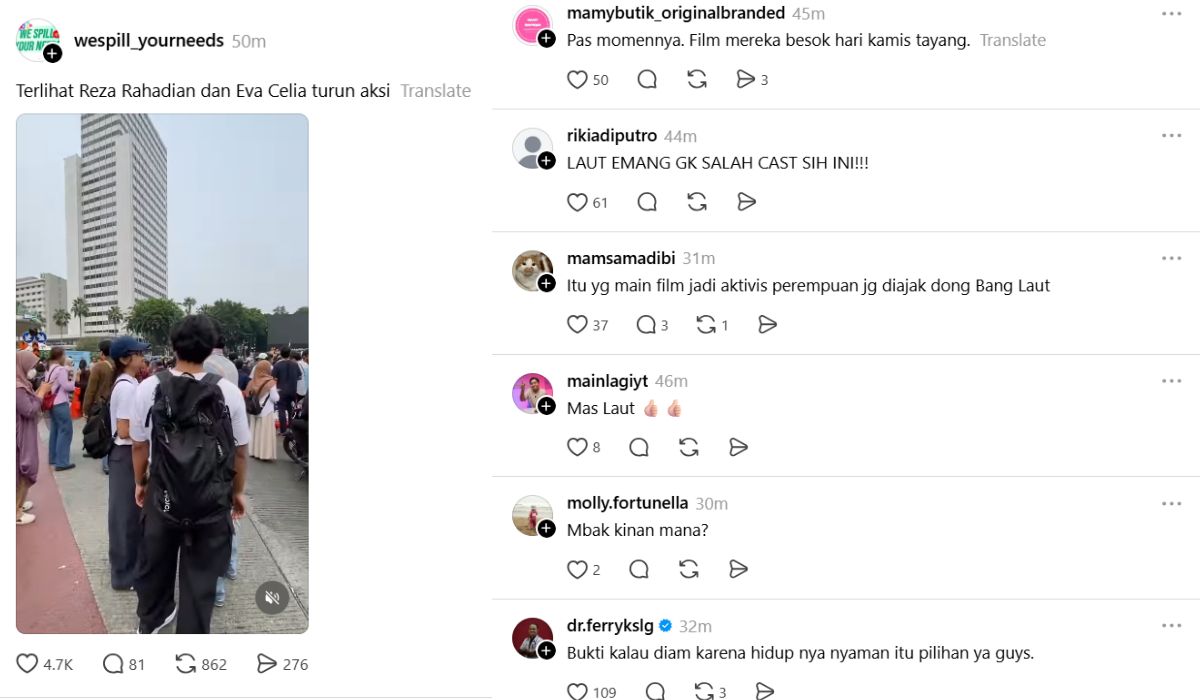 unggahan di threads Reza Rahadian dan Eva Celia saat hadiri Demo 28 Oktober 2026