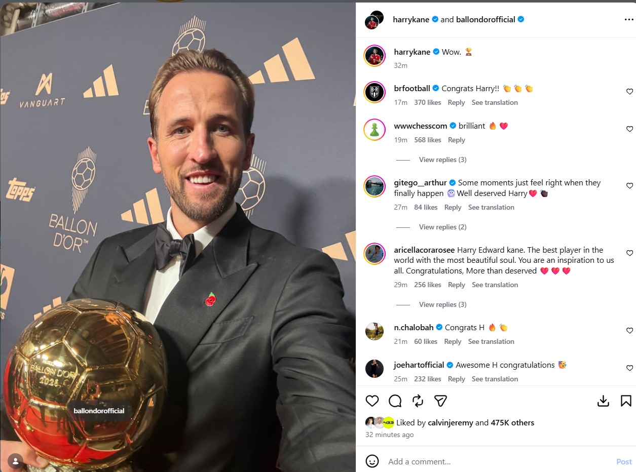Harry Kane Raih Ballon d’Or 2026 unggahan Harry Cane di Instagram - sumber foto Instagram/HarryCane
