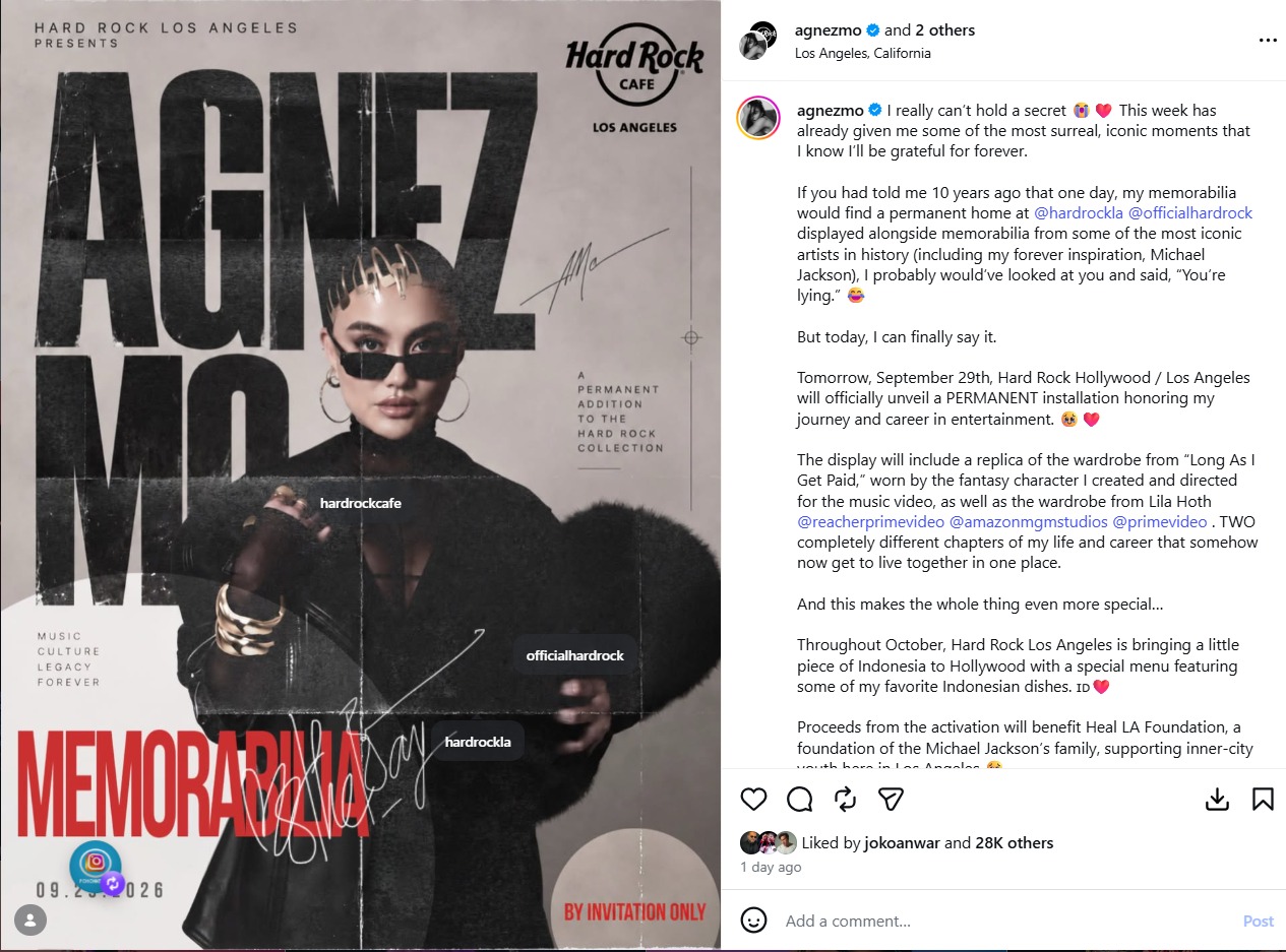 Unggahan Instagram Agnez Mo mengenai Memorabilia di Hard Rock Hollywood