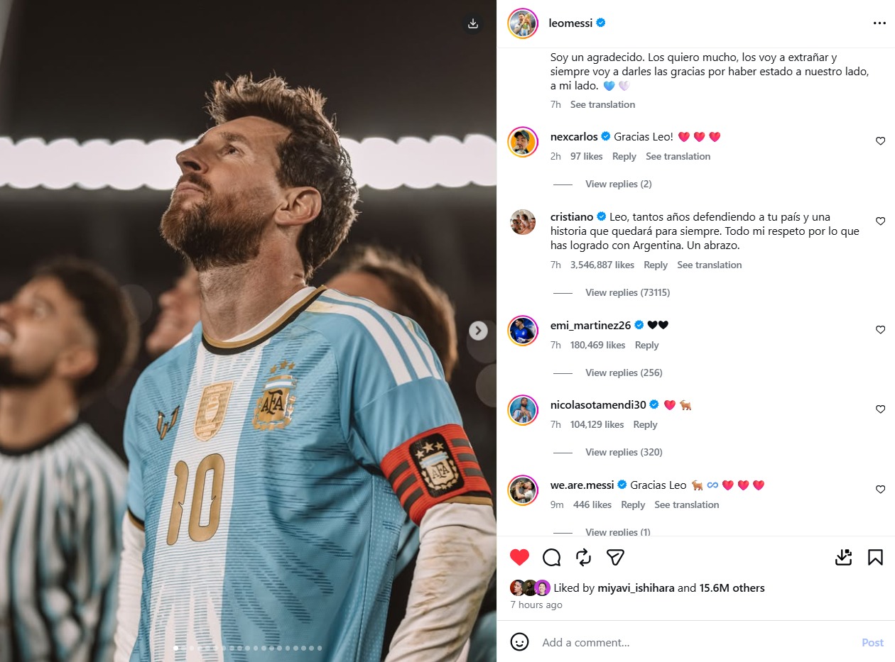 unggahan pesan Christiano Ronaldo di Instagram Lionel Messi - sumber foto Instagram/leomessi