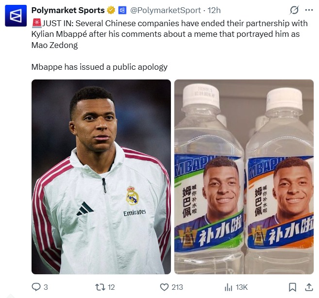 unggahan Polymarket mengenai kontroversi Mbappe - sumber foto X