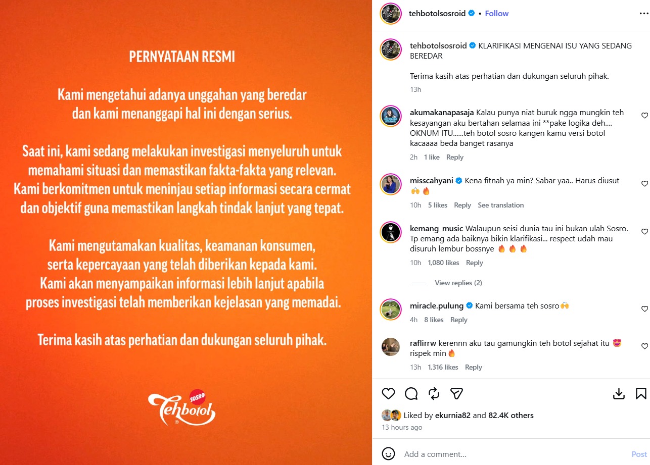 unggahan Tehbotol Sosro di instagram resmi - sumber foto instagram/