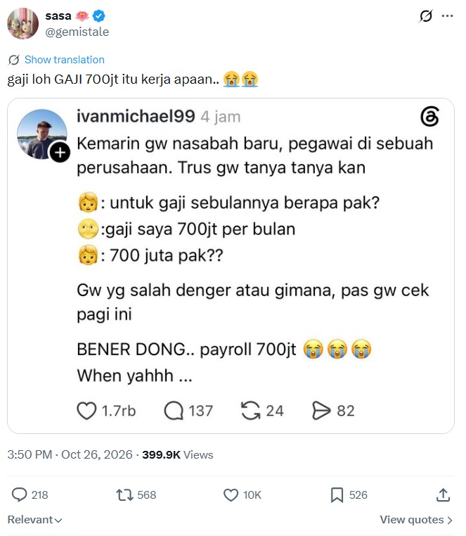 unggahan Viral Gaji Rp700 Juta Sebulan di X - sumber X