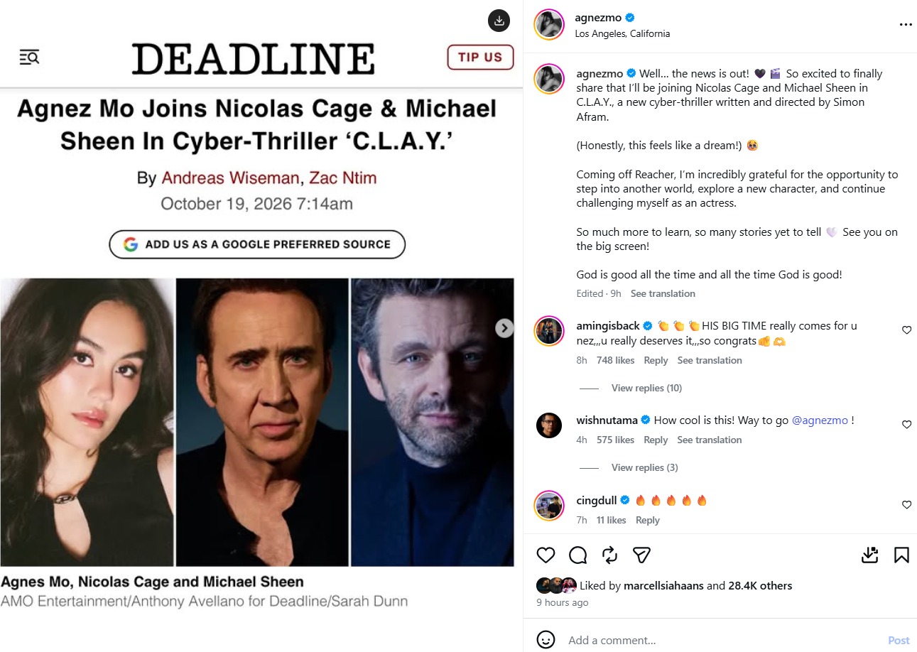 unggahan Agnez Mo Gabung Nicolas Cage di Film C.L.A.Y. - sumber foto Instagram/AgnezMo
